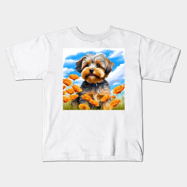 California Poppy Yorkipoo Puppy Kids T-Shirt by Doodle and Things